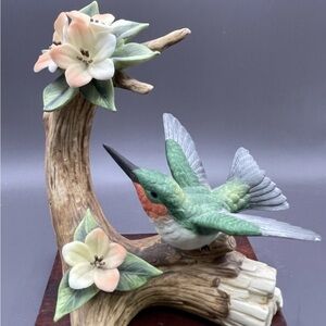 Andrea By Sadek Porcelain Hummingbird Figurine in Green, Pink & Brown 1980